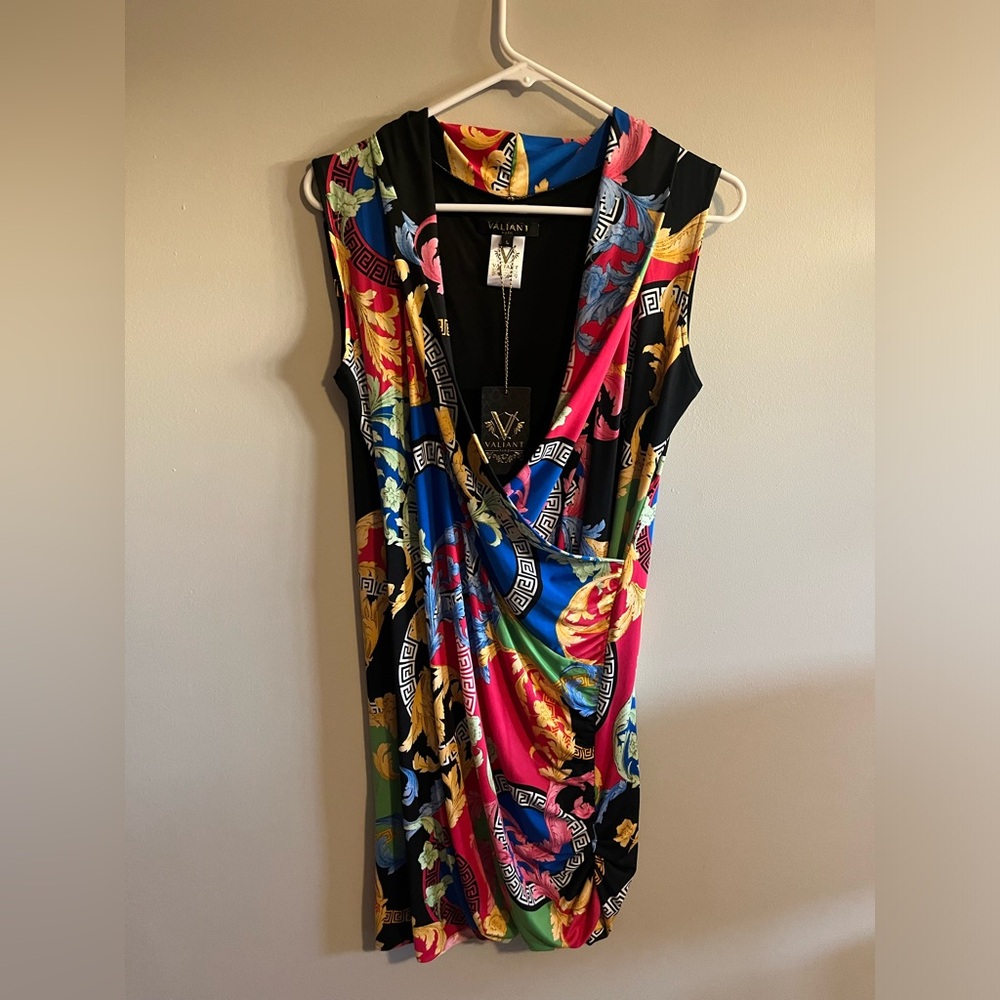 Valiant multi color print wrap fitted heavy v neck sleeveless dress size large